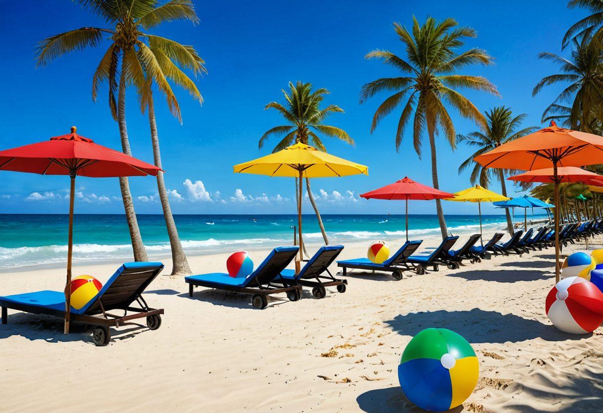 A vibrant beach scene with diverse models wearing fashionable two-piece beachwear, showcasing various styles and colors. The sun is shining brightly, with palm trees swaying in the background and blue waves crashing on the shore. Incorporate playful elements like beach balls and sun umbrellas to enhance the fun, tropical atmosphere. super-realistic. vibrant colors.